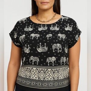 A'Gaci Elephant Print Button Back Blouse-Black & White (1081)